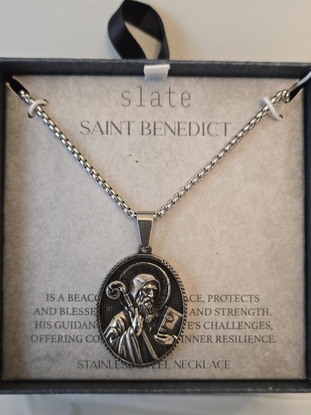 Slate Saint Benedict Necklace | Stainless Steel Medallion | New in Box